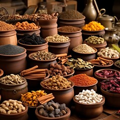 Spices and herbs in metal bowls over wooden background