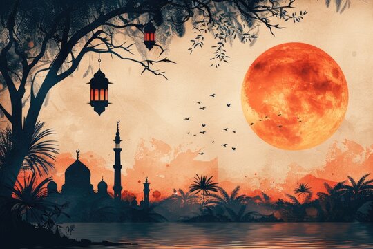 design watercolour painting of ramadan decoration and islamic greeting card background