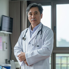 Doctor Male Asian Professor Medicine 60 years old white coat hospital
