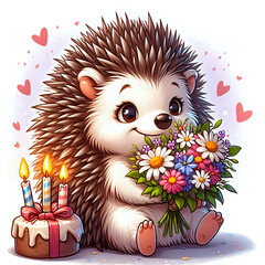 A greeting card, a hedgehog gives flowers.