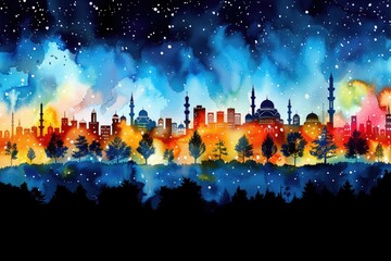 Fototapeta na wymiar design watercolour painting of ramadan decoration and islamic greeting card background