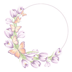 Round frame from crocus flowers with butterflies. Isolated hand drawn watercolor illustration. Floral spring wreath of saffron. Template with copy space for postcard of Mothers day, 8 March, Easter.