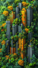 Vu du dessus en 3D montrant une ville moderne avec des immeubles au milieu d'une forêt dense, montrant l'harmonie entre étalement urbain et nature