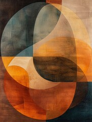 An abstract painting featuring a prominent brown, blue, yellow, and black circle, surrounded by various shapes and colors, creating a dynamic composition.