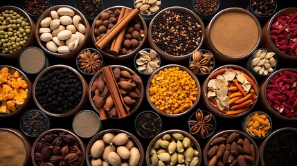 Obraz premium Spices and herbs in wooden bowls on black background, top view