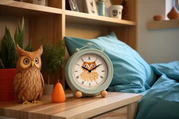 a digital alarm clock on a wooden table bedroom professional photography