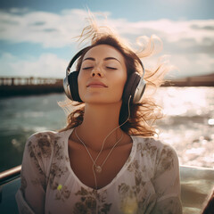 relaxed woman with closed eyes and headphones on her head relaxes with music by the sea 