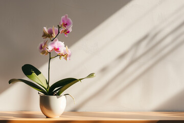 Moth Orchid plant in white flower pot on a wooden surface, illuminated by sunlight casting a shadow on a white wall behind it. Selective focus, blur