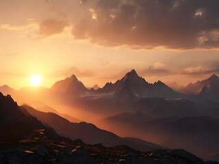 Silhouettes of rugged peaks against a warm sunset background