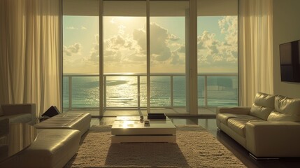 a photo in a Miami apartment from a living room you can si a balcony outside and a view of the sea   - obrazy, fototapety, plakaty