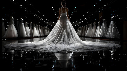 wedding dress on display. The dress has a long veil and is covered in glitter. The dress is surrounded by other wedding dresses hanging up. - obrazy, fototapety, plakaty