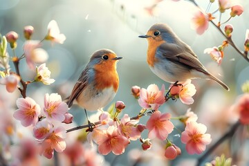 Two beautiful birds sitting on  flowering branch, A pair of exquisite birds perched on a blossoming branch, yellow and blue bird, On the branch with spring flowers, garden birds.