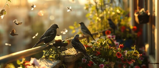 Group of Birds Perched on Window Sill - Powered by Adobe