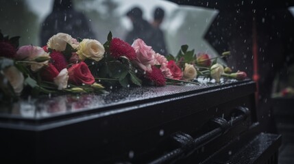 Flowers on a coffin in a cemetery at a funeral. Commemoration, death, memories. 