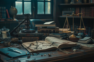 Fototapeta na wymiar An immersive photograph capturing the essence of legal deliberations, with the judge's gavel, law books meticulously organized, and the scales of justice placed on a lawyer's desk,