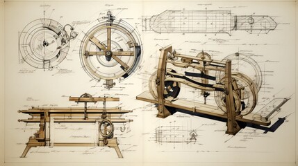 Abstract drawing illustrates ancient machine. Technical sketch reveals old mechanism.