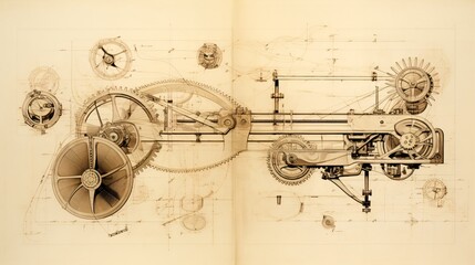 Abstract drawing exhibits ancient machine. Technical sketch reveals old mechanism.