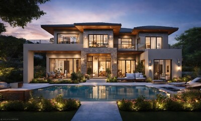 Obraz premium modern large magnificent two-storey house with brightly lit windows, swimming pool in the foreground, buying and selling real estate