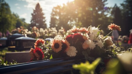 Flowers on a coffin in a cemetery at a funeral. Commemoration, death, memories.  - obrazy, fototapety, plakaty