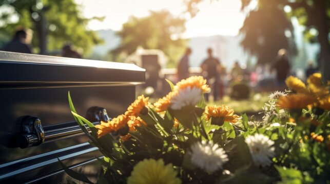 Flowers on a coffin in a cemetery at a funeral. Commemoration, death, memories. 