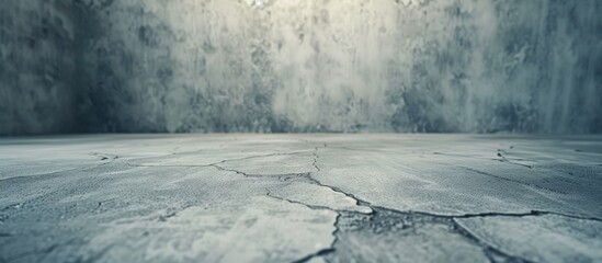 An empty room with cracked concrete floors stands against a sky background. The concrete floors show signs of wear and tear, with cracks running through them. The room appears vacant and lost in time