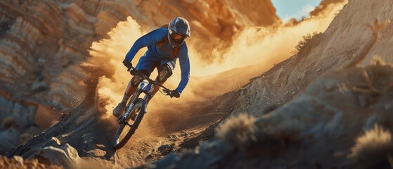 Man Riding Mountain Bike Down Rocky Slope