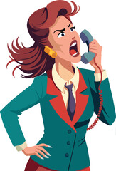 Illustration of a frustrated businesswoman shouting into a telephone receiver-