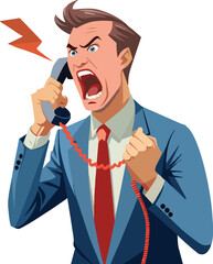 Frustrated animated male character screaming into telephone handset-