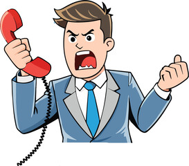 Frustrated animated male character screaming into telephone handset-