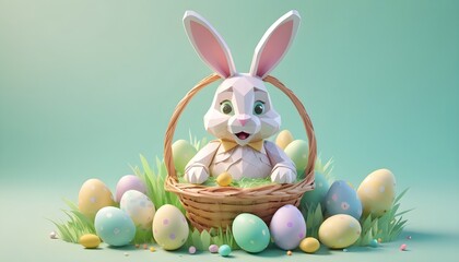 Fototapeta na wymiar Easter bunny with a wicker basket full of colorful easter eggs on pastel green background