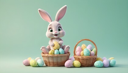 Fototapeta na wymiar Easter bunny with a wicker basket full of colorful easter eggs on pastel green background