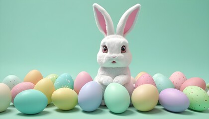 Easter bunny with a wicker basket full of colorful easter eggs on pastel green background