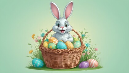Easter bunny with a wicker basket full of colorful easter eggs on pastel green background