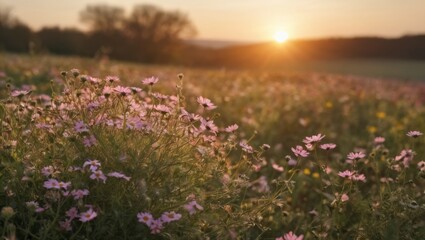Blooming  wild flowers under a tranquil golden sun light in the spring evening