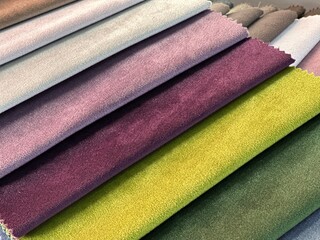 Bright collection of gunny textile samples. Set of fabric swatch samples texture.