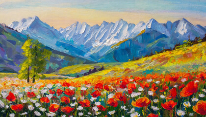 Beautiful spring landscape with colorful poppy flowers in mountains. oil painting, 