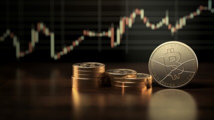 Bitcoin coin with a chart on the background showing an uptrend in price