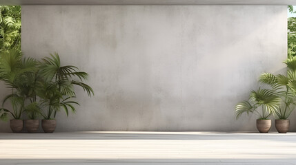Blank concrete wall in modern empty room with tropical plant garden Minimal architecture design Ai Generative