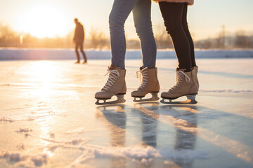 The legs of two girls are skiing