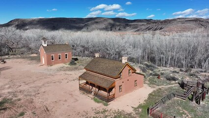 Aerial Grafton ghost town church home southern Utah. Near Zion National Park in Utah. Settled in 1859 by Mormon pioneers. Maintained and restored homes, corals, fences and the church. Public.