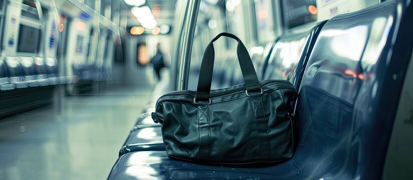 A black bag suspected of terrorism sits unattended on a blue seat inside a subway, raising security concerns and prompting investigation by authorities.