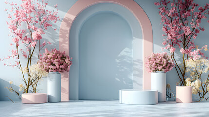 pastel-colored scene with pedestals arranged in a semi-circle.