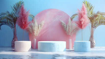 pastel-colored scene with pedestals arranged in a semi-circle.