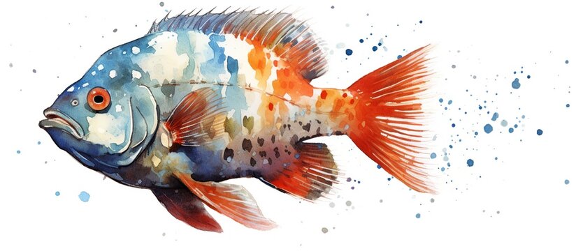 Illustration of a piranha fish in a watercolor style using bright and bold colors. on a white background