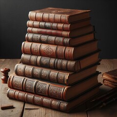 A stack of ornate leather-bound books exudes a classic charm against a dark backdrop. Each tome's spine features intricate embossing.