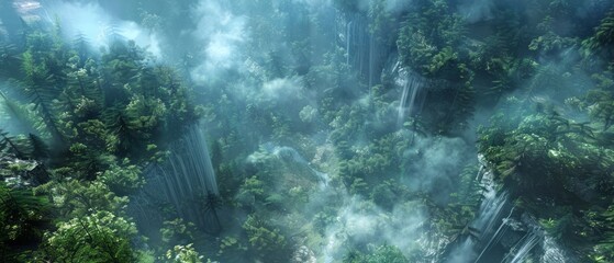 Aerial View of Forest With Waterfall