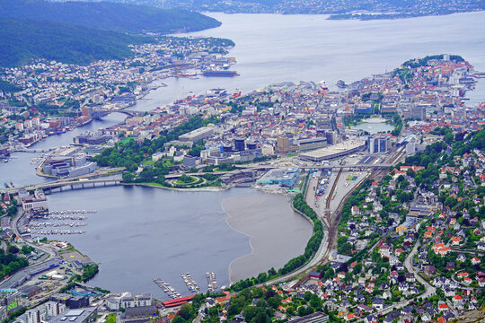 Panoramic view of Bergen and harbor from Mount Floyen, Bergen, Norway. Panorama of Bergen from the viewport on the mountain