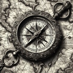 A classic compass with ornate detail lies atop an old-world map, suggesting exploration and adventure. The intricate design and historical context evoke a sense of timeless navigation.