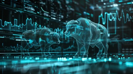 Futuristic Stock Exchange Floor with Digital Hologram of Bull and Bear