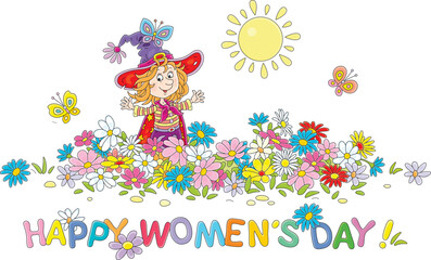 Happy March 8 card with a happy little fairy and merry butterflies flying around a pretty colorful flowerbed in a spring garden, vector cartoon illustration isolated on white